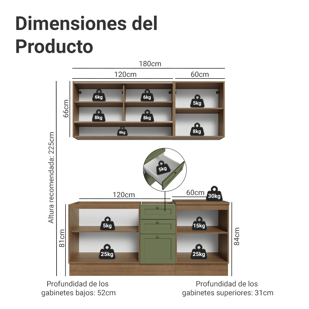Cocina Integral Vik 1.80 Metros Marrón/Verde 03