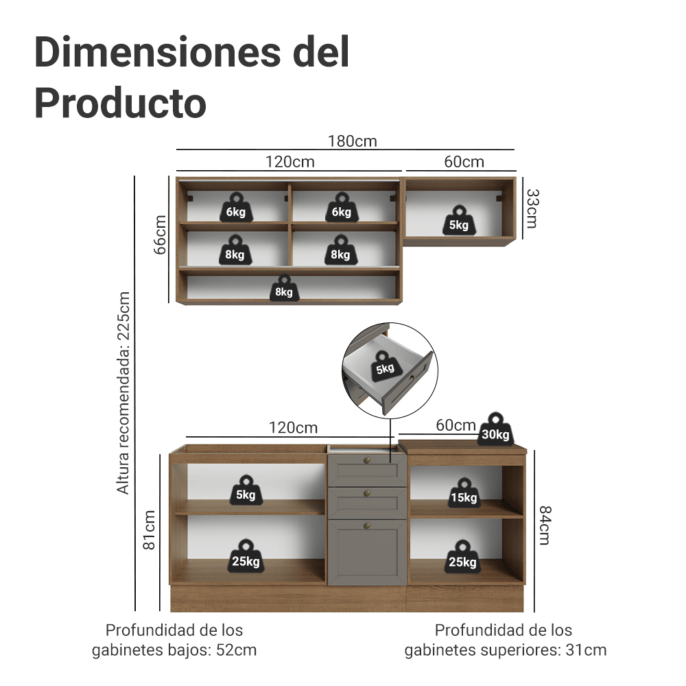 Cocina Integral Vik 1.80 Metros Marrón/Gris 05