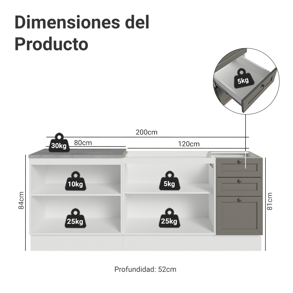 Kit 2 Muebles de Cocina Bajo Vik 2.00 m Blanco/Gris 01