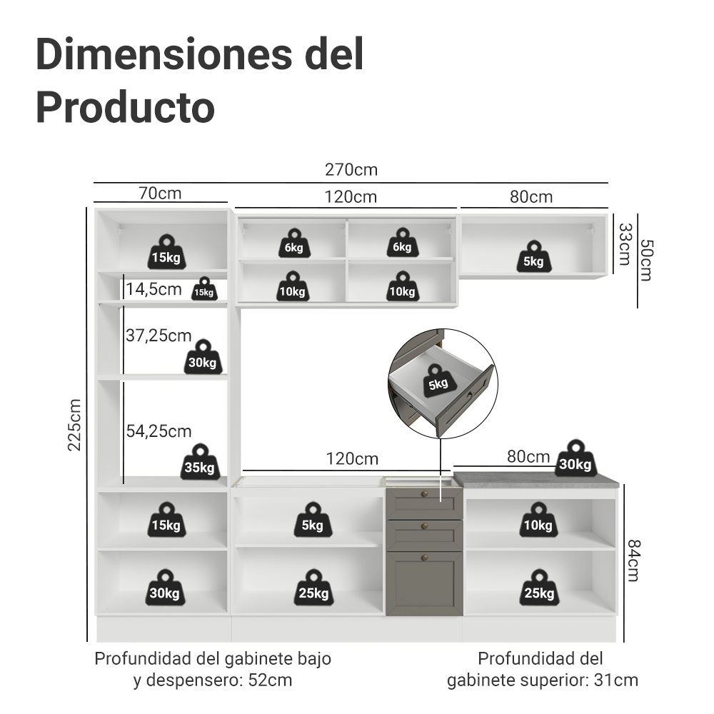 Cocina Integral Vik 2.70 Metros Blanco/Gris 02