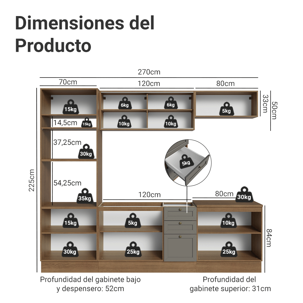 Cocina Integral Vik 2.70 Metros Marrón/Gris 02