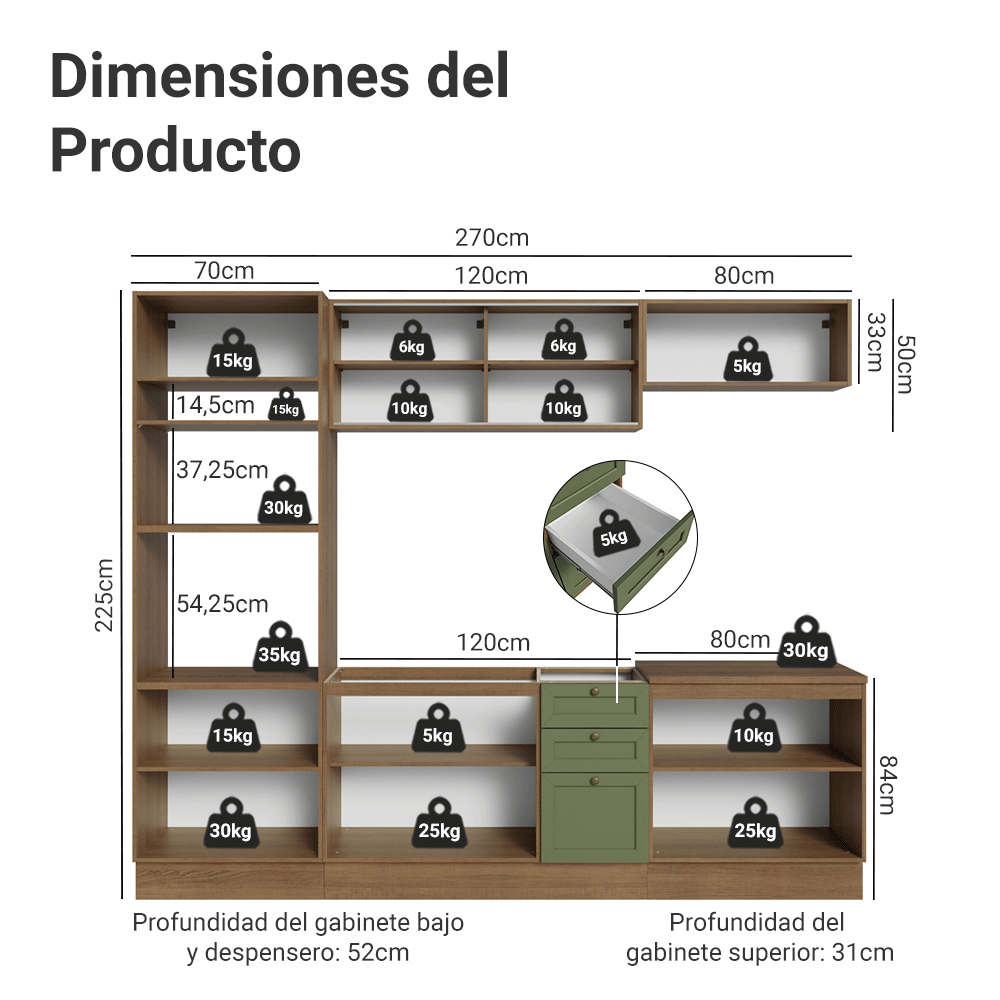 Cocina Integral Vik 2.70 Metros Marrón/Verde 02