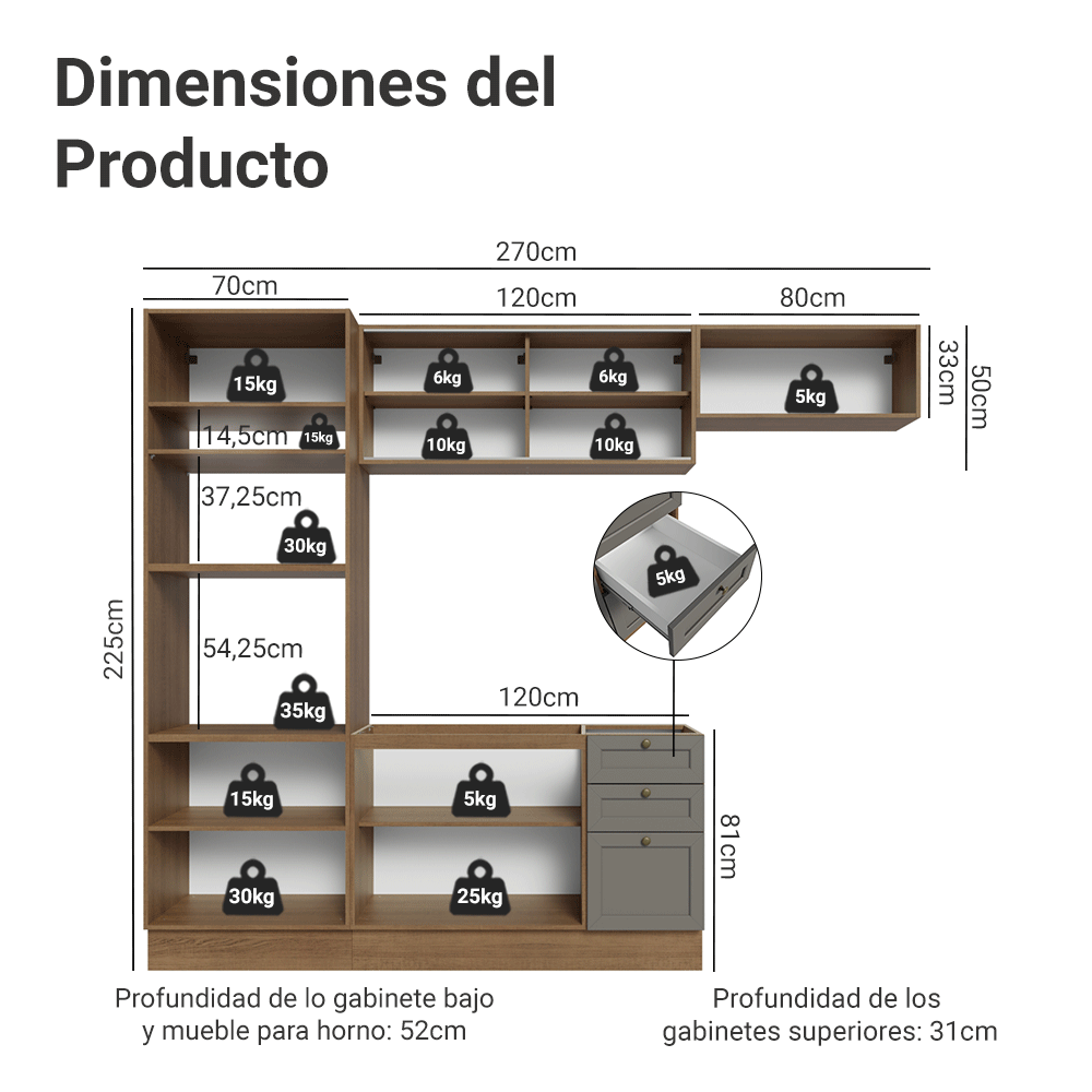 Cocina Integral Vik 2.70 Metros Marrón/Gris 04