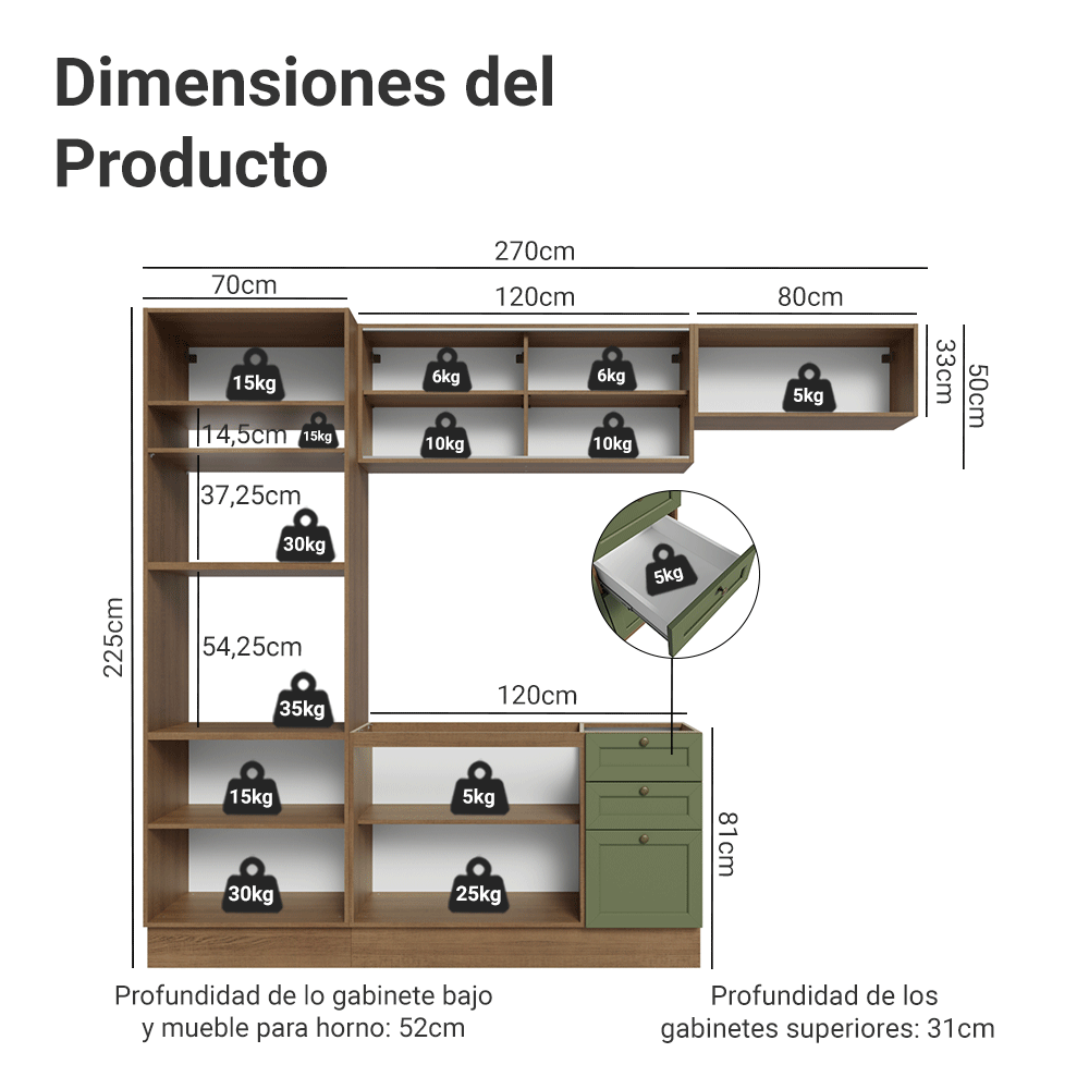 Cocina Integral Vik 2.70 Metros Marrón/Verde 04