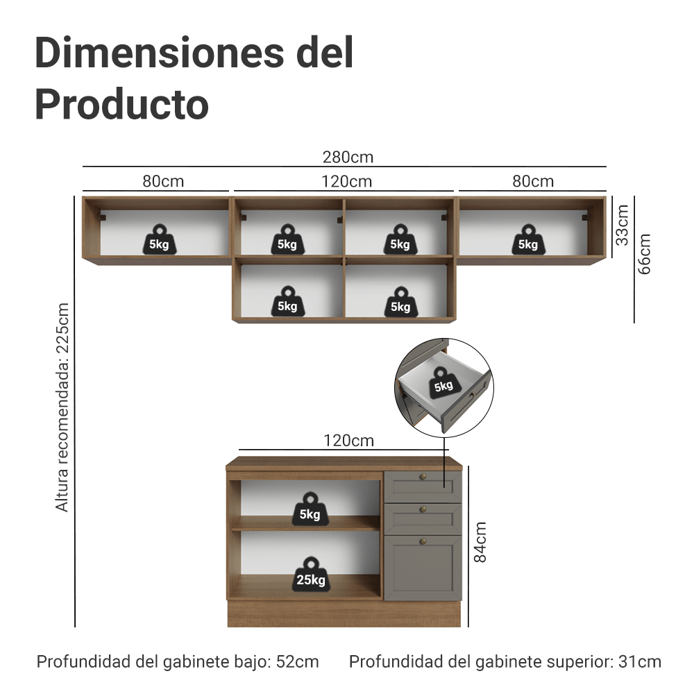 Cocina Integral Vik 2.80 m con Encimera MarrónGris 01