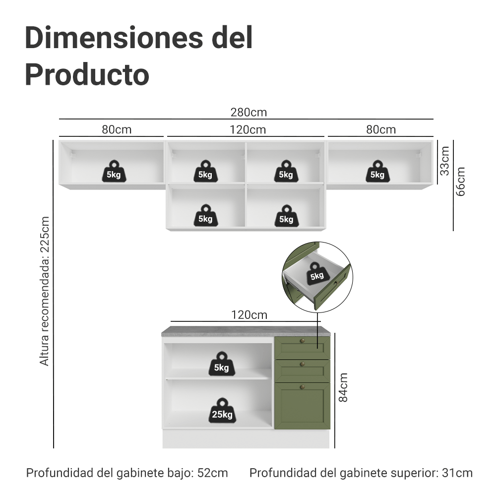 Cocina Integral Vik 2.80 m con Encimera Blanco/Verde 01