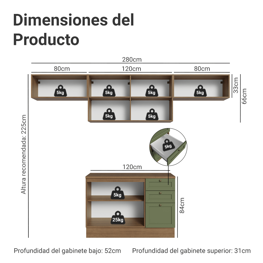 Cocina Integral Vik 2.80 m con Encimera Marrón/Verde 01