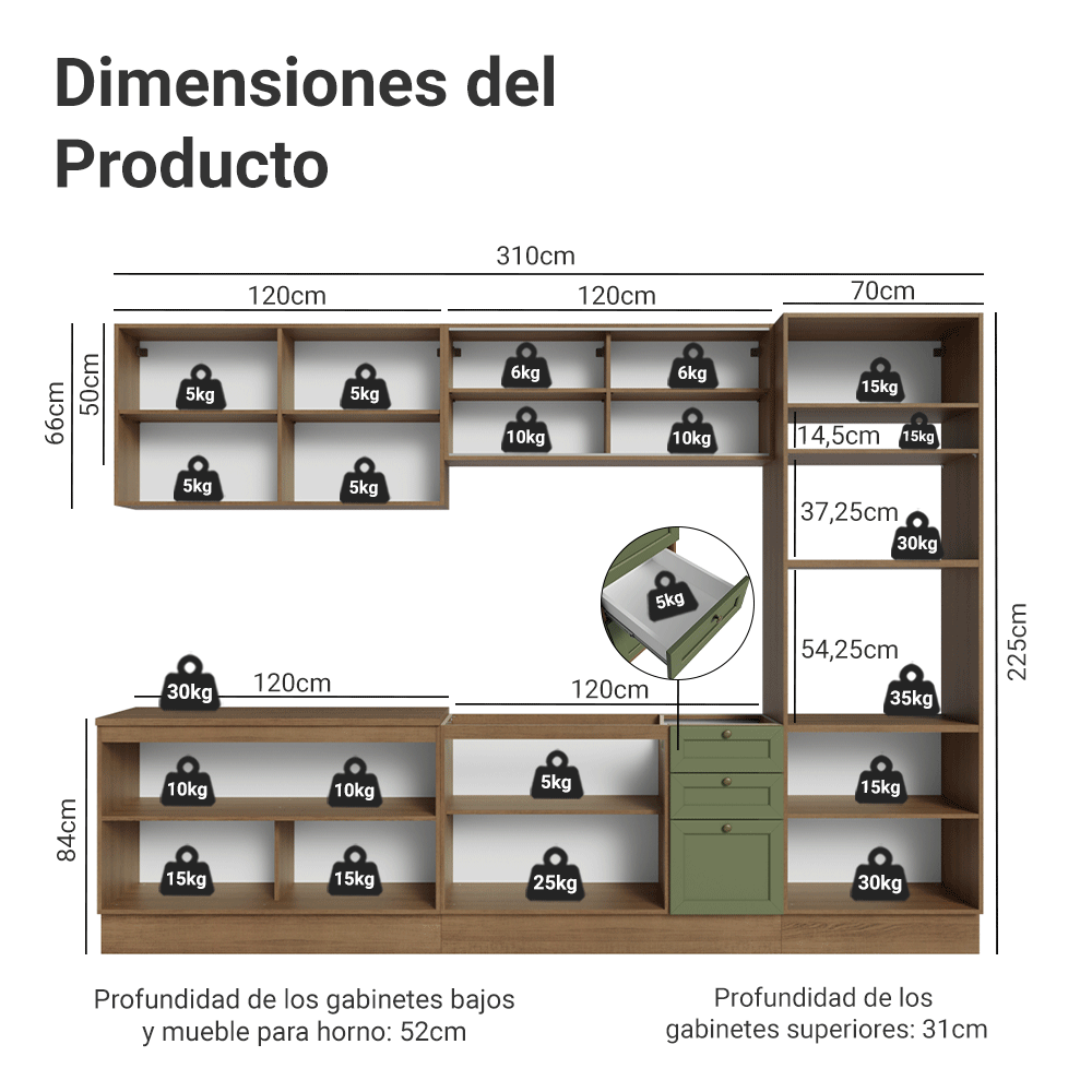 Cocina Integral Vik 3.10 Metros Marrón/Verde 01