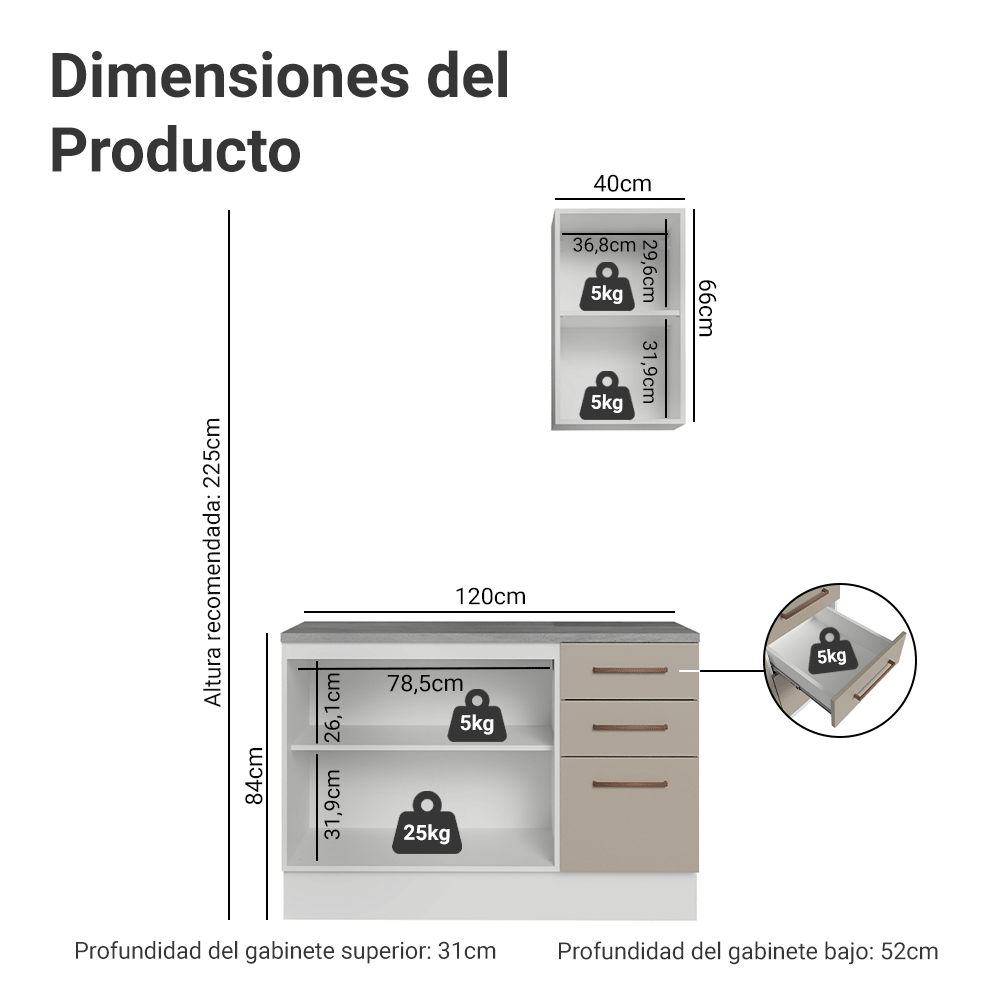 Conjunto de Mueble para Baño Agata 1.20 m 3 Puertas 3 Cajones Blanco/Crema