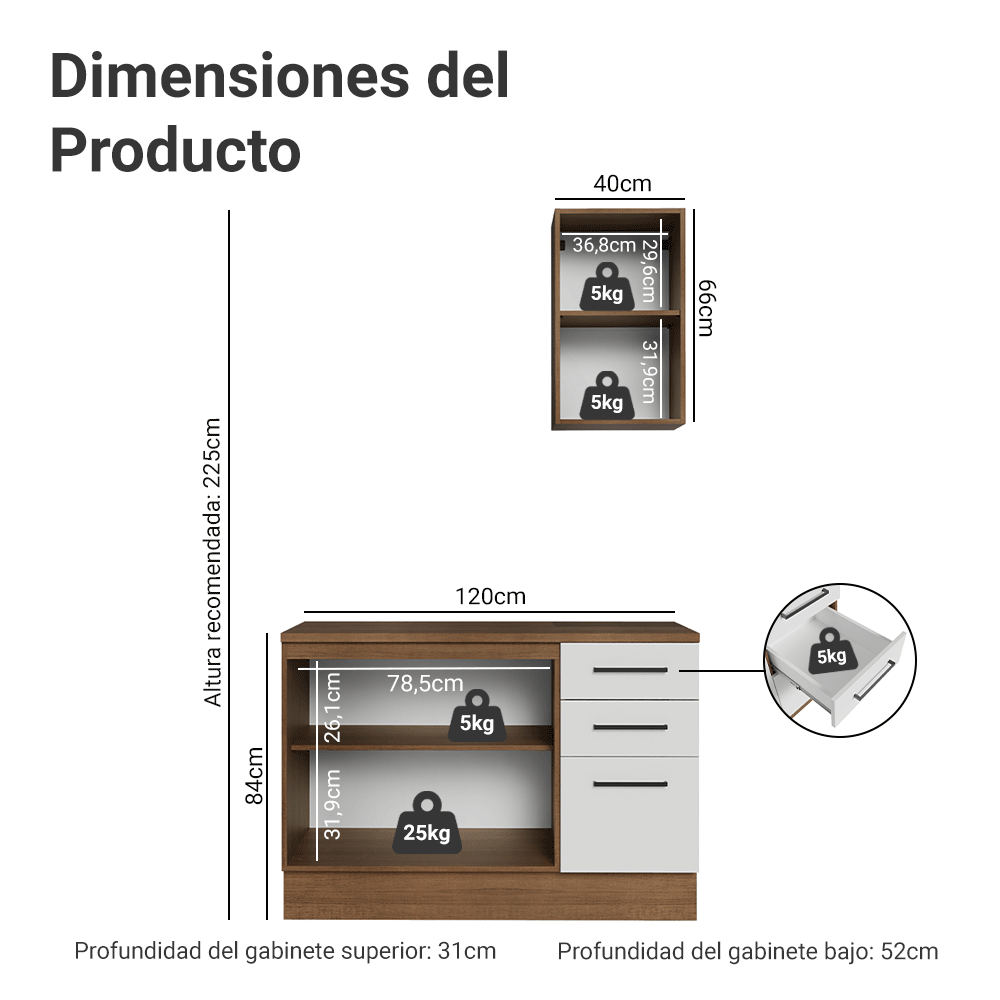 Conjunto de Mueble para Baño Agata 1.20 m 3 Puertas 3 Cajones Marrón/Blanco