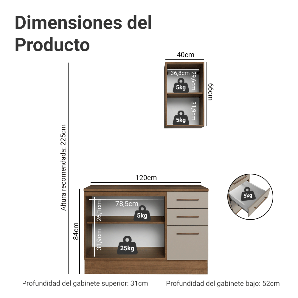 Conjunto de Mueble para Baño Agata 1.20 m 3 Puertas 3 Cajones Marrón/Crema