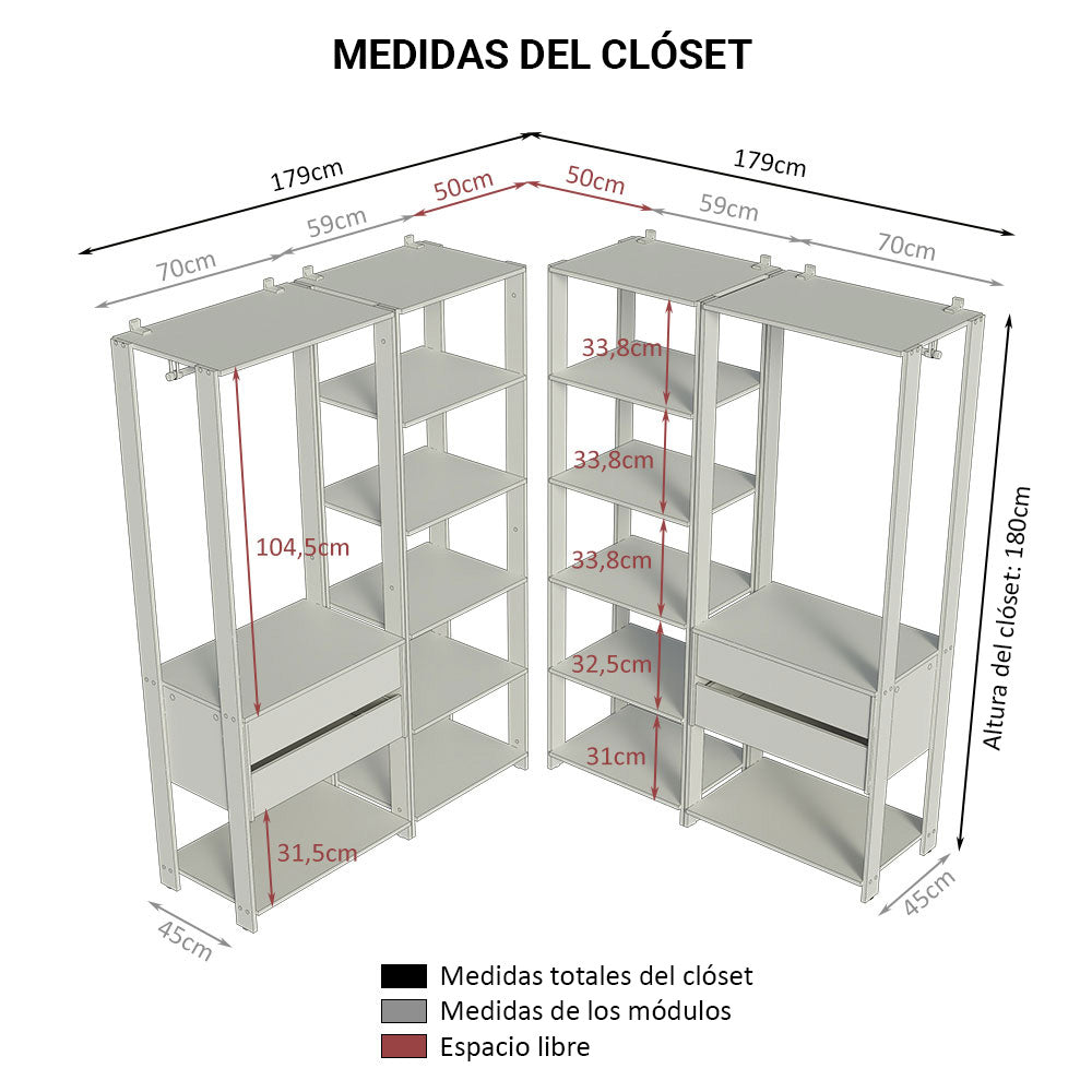Clóset Modulado Abierto Valencia 4 Cajones 14 Niveles 180 cm x 258 cm x 45 cm Marrón/Negro 04