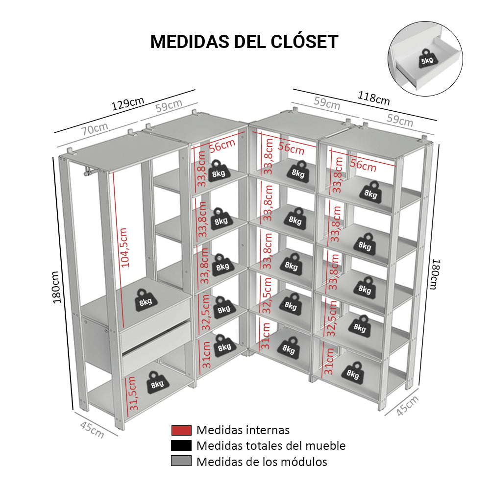 Clóset Modulado Abierto Valencia 2 Cajones 17 Niveles 180 cm x 337 cm x 45 cm Marrón/Negro 05