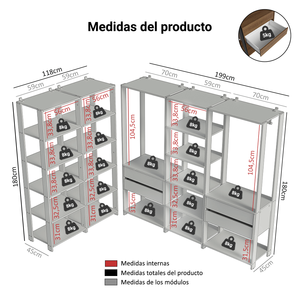 Clóset Modulado Abierto Valencia 4 Cajones 19 Niveles 180 cm x 317 cm Marrón/Negro 01
