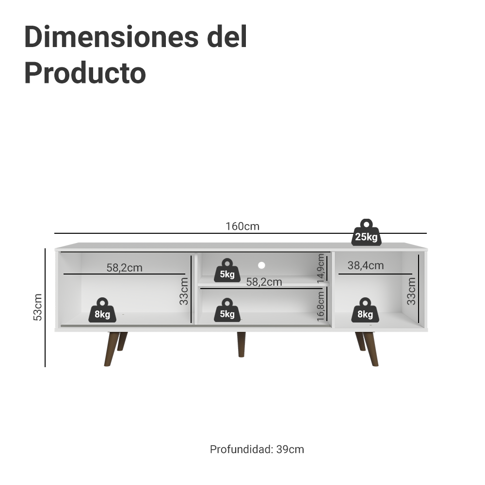 Centro de Entretenimiento Mesa para TV Torino Hasta 80 Pulgadas Blanco/Marrón (Patas Marrón)
