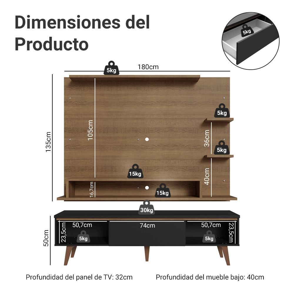 Centro de Entretenimiento para TV Reims Mesa y Panel Hasta 60 Pulgadas Marrón/Negro