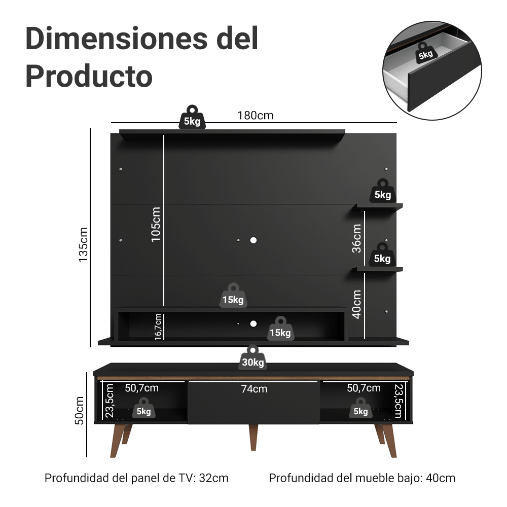 Centro de Entretenimiento para TV Reims Mesa y Panel Hasta 60 Pulgadas Negro