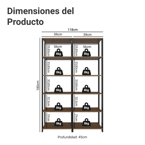 Armário Estante Multiuso para Oficina con 10 Niveles 118 cm Marrón/Negro