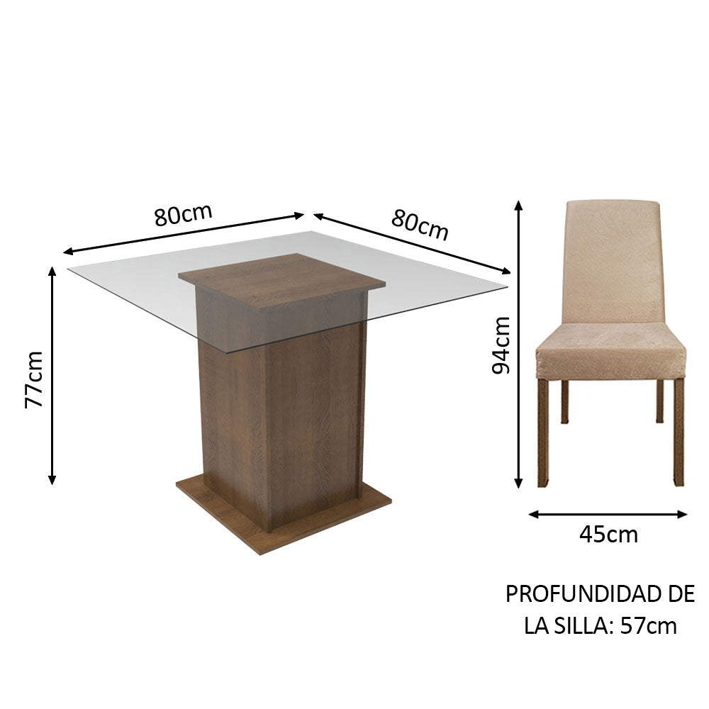 Juego de Comedor Luli con 2 Sillas - Encimera Cuadrada de Cristal Marrón/Imperial
