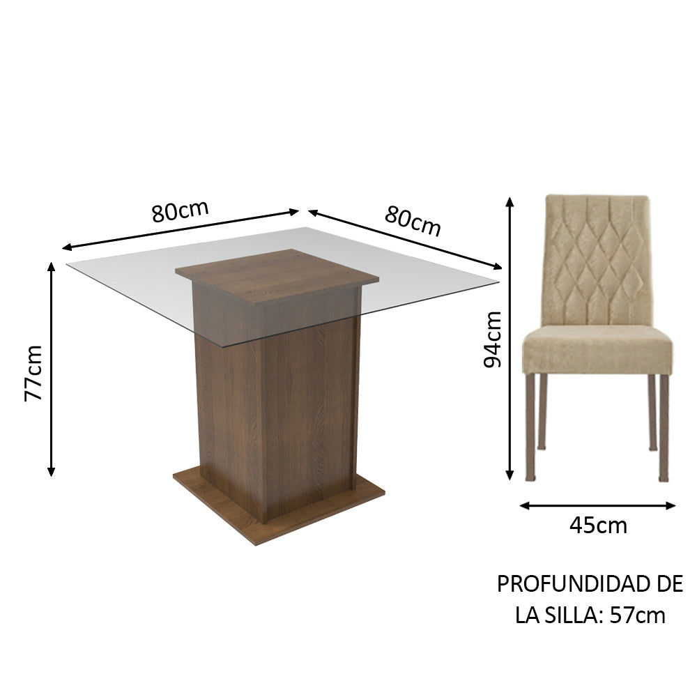 Juego de Comedor Ciça con 2 Sillas - Encimera Cuadrada de Cristal Marrón/Imperial