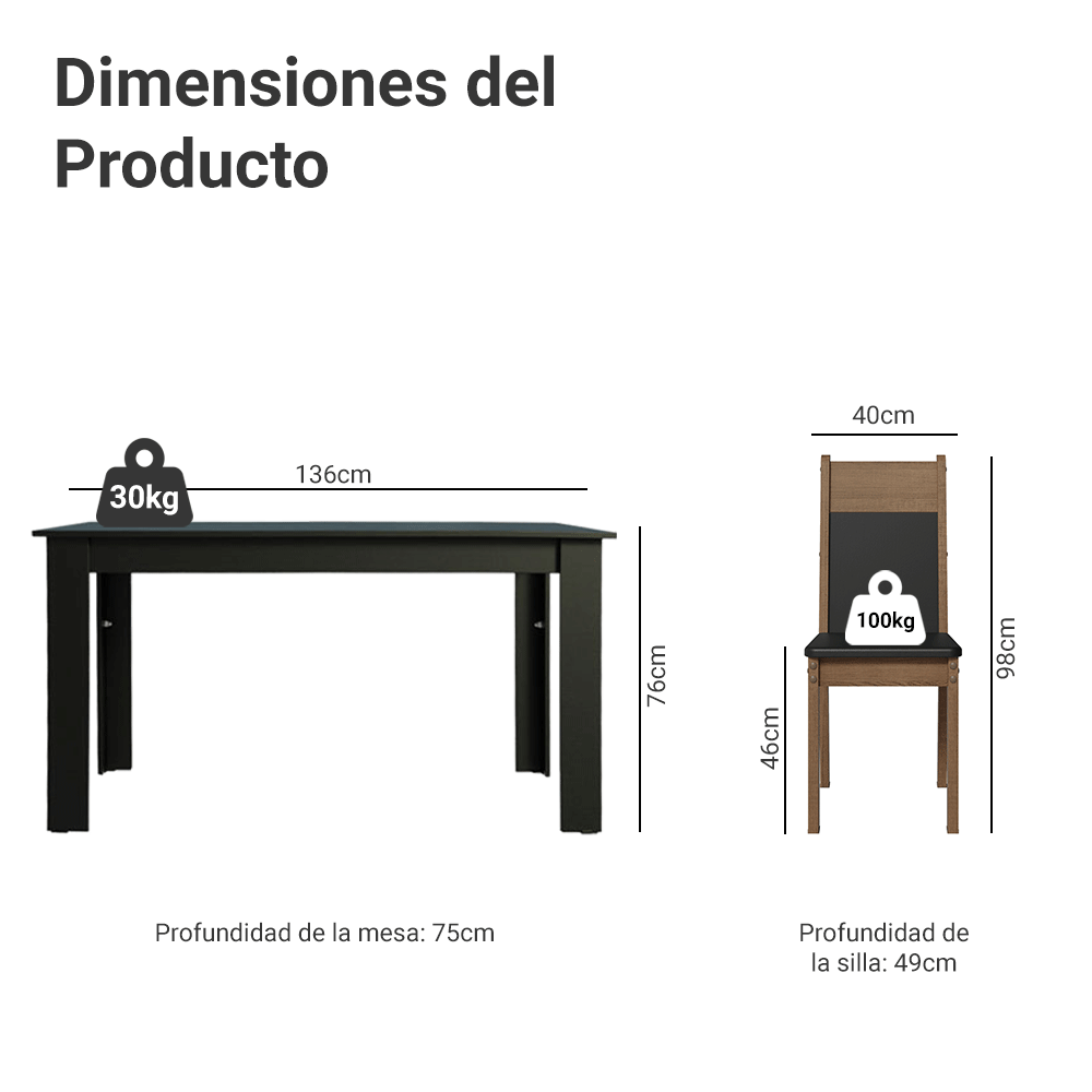 Juego de Comedor Havana con 4 Sillas Negro/Marrón