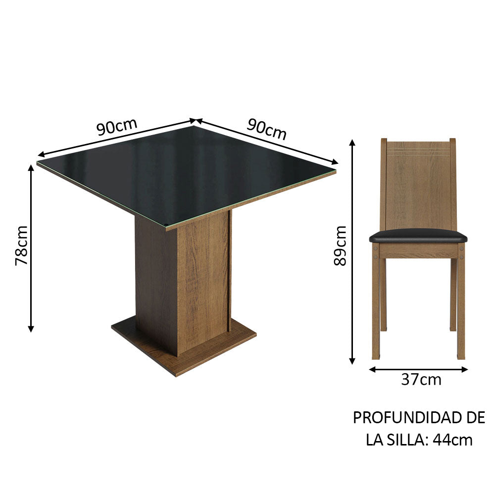 Juego de Comedor Perla con 4 Sillas - Tablero de Madera y Cubierta de Cristal Marrón/Negro