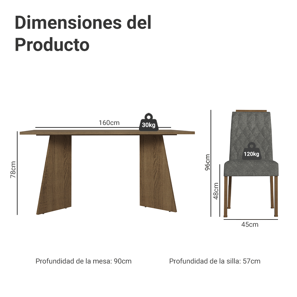 Juego de Comedor Tulum con 4 Sillas Marrón/Gris/Plateado