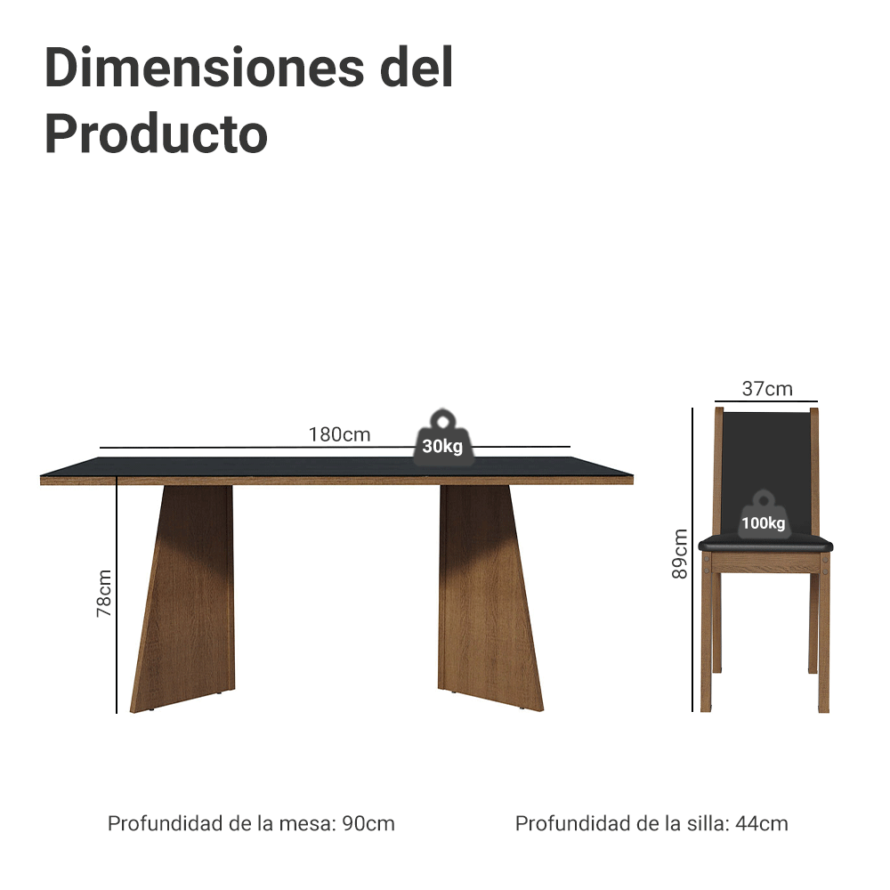 Juego de Comedor Justine con 8 Sillas - Tablero de Madera y Cristal Marrón/Negro