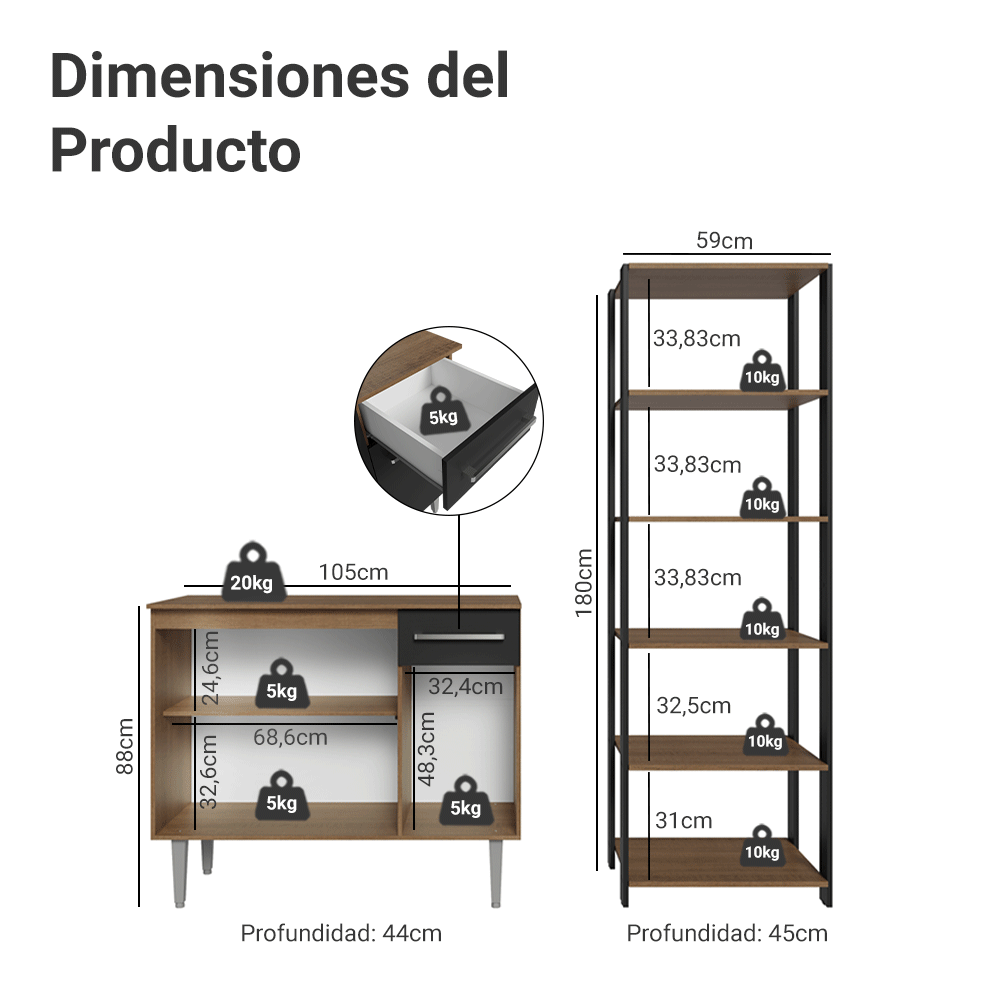 Kit Mueble de Cocina Bajo 1.05 m + Estante Organizador Multiuso 5 Niveles Marrón/Negro