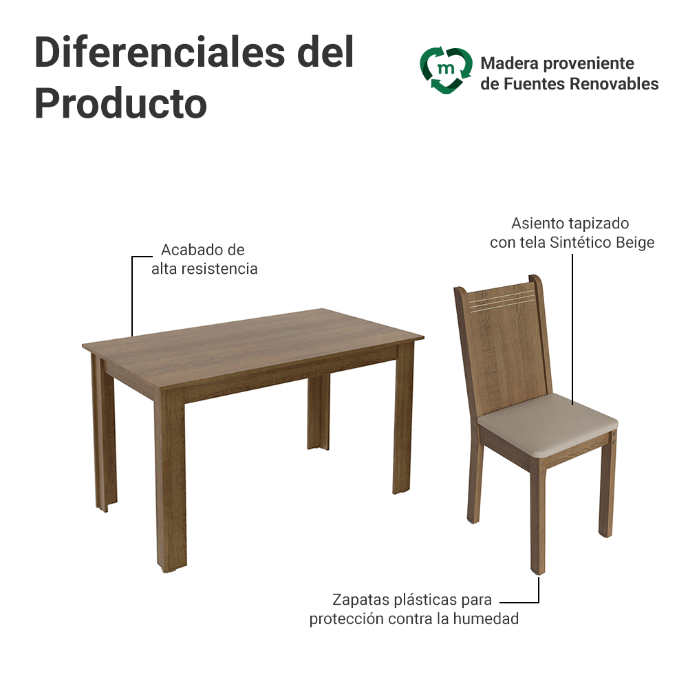 Juego de Comedor Rosie con 4 Sillas Marrón/Beige