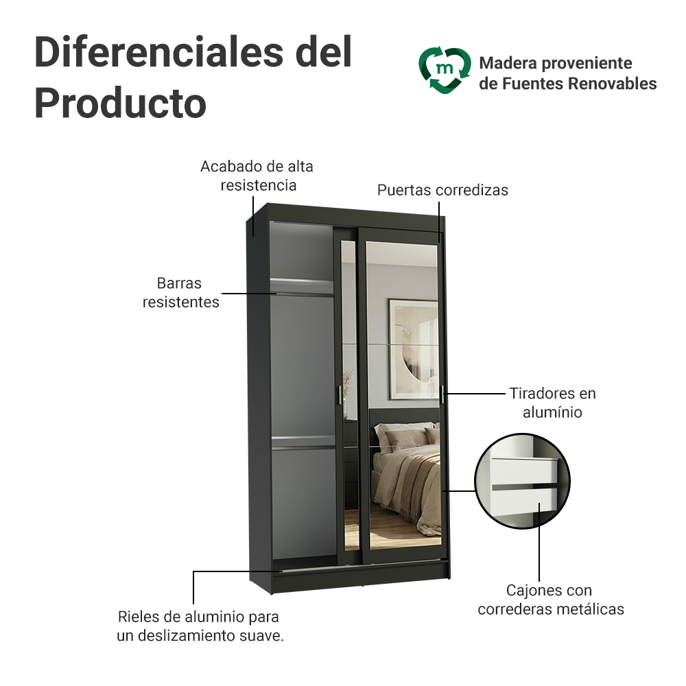 Clóset Tokio 2 Puertas Corredizas con Espejos Negro 218 cm x 109 cm x 54 cm