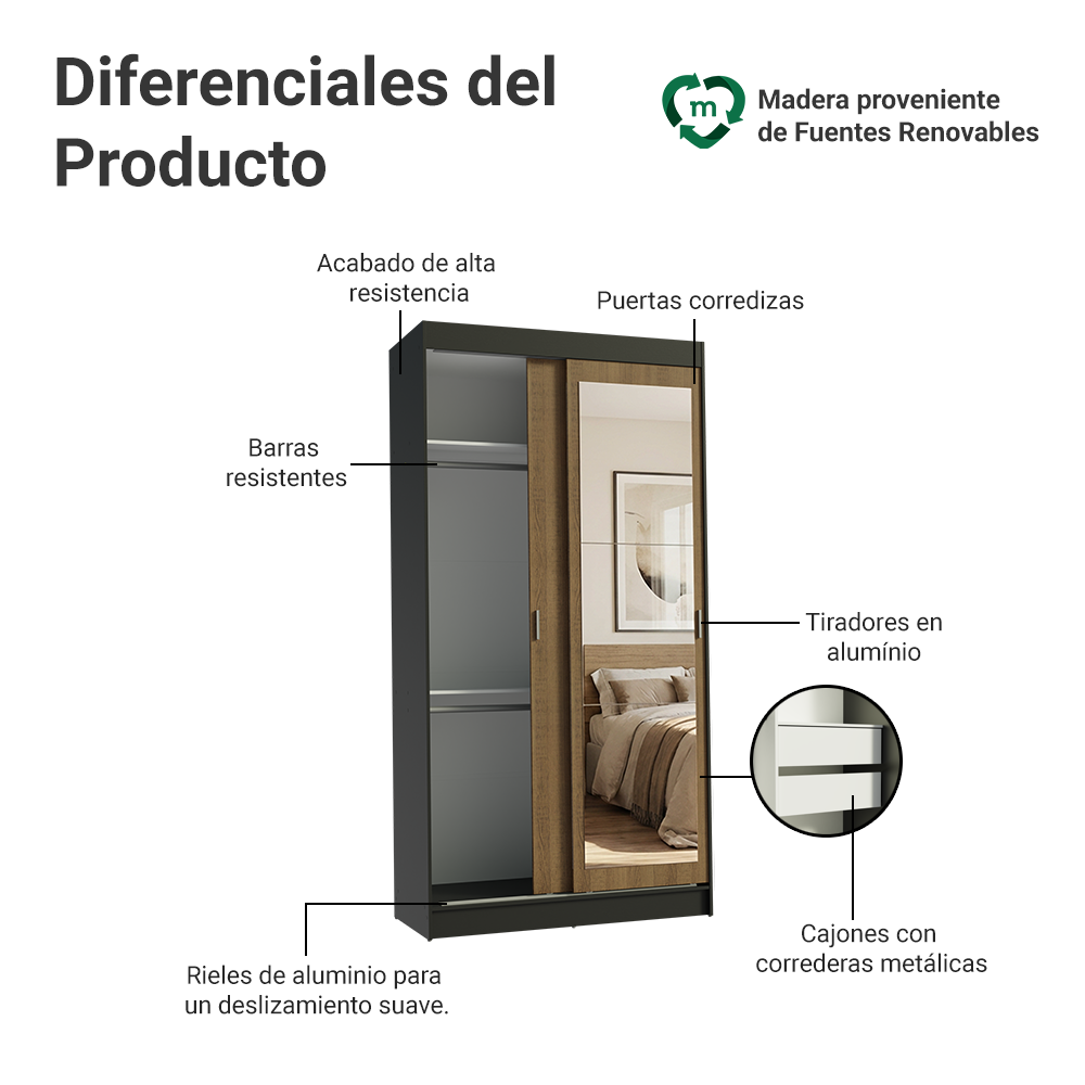 Clóset Tokio 2 Puertas Corredizas 1 Espejo Negro/Marrón 218 cm x 109 cm x 54 cm