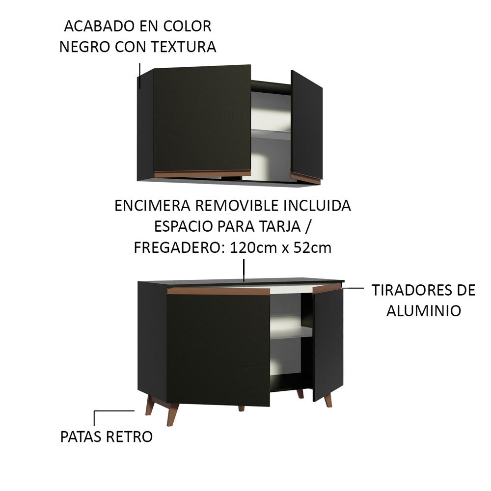 Kit Mueble de Cocina Superior y Mueble Bajo Reims 1.20 m Negro