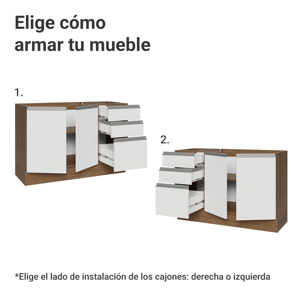 Mueble de Cocina Bajo Glamy 1.20 m 2 Puertas 3 Cajones Marrón/Blanco