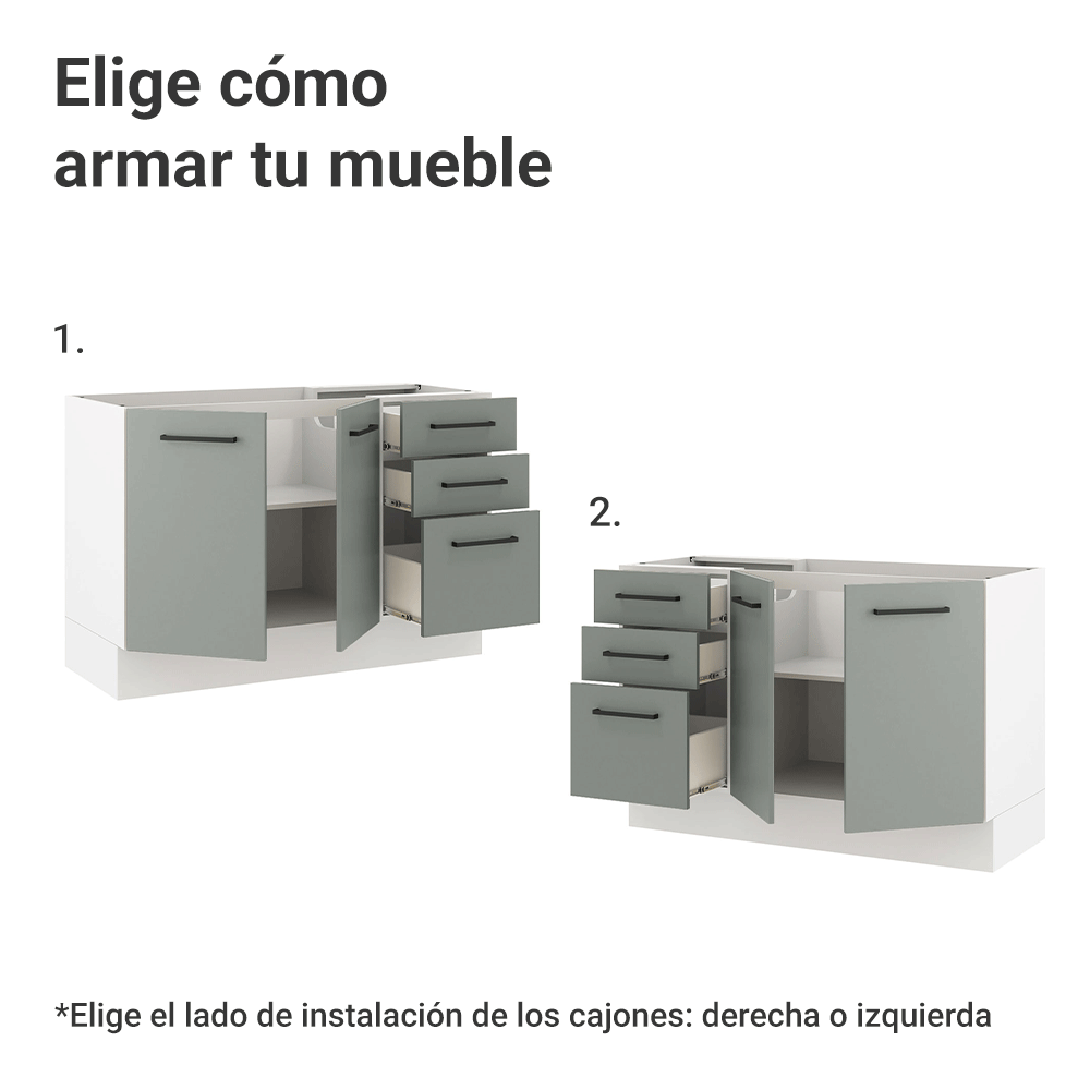Mueble de Cocina Bajo Agata 1.20 m 2 Puertas 3 Cajones Blanco/Gris