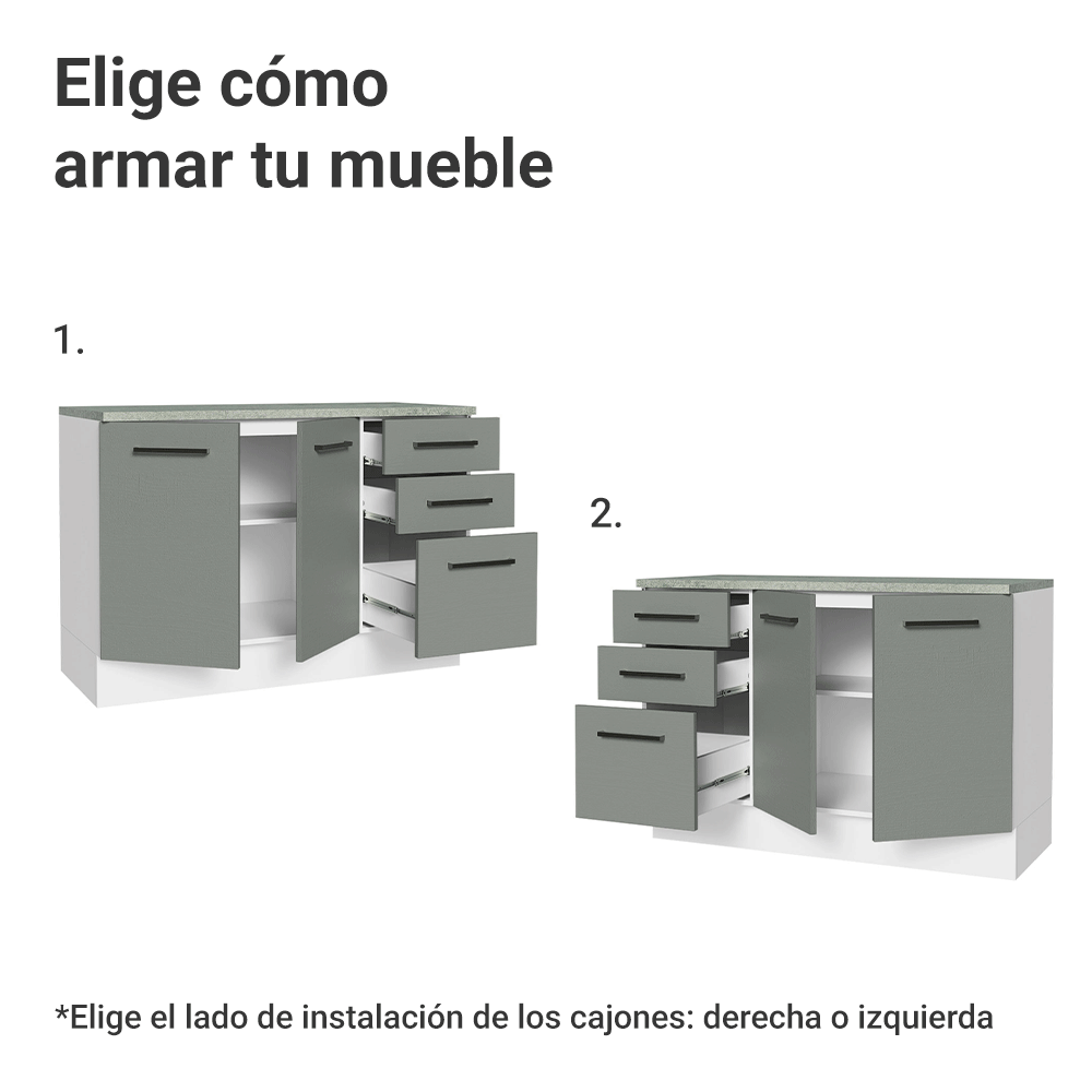 Mueble de Cocina Bajo Agata 1.20 m 2 Puertas 3 Cajones con Encimera Blanco/Gris