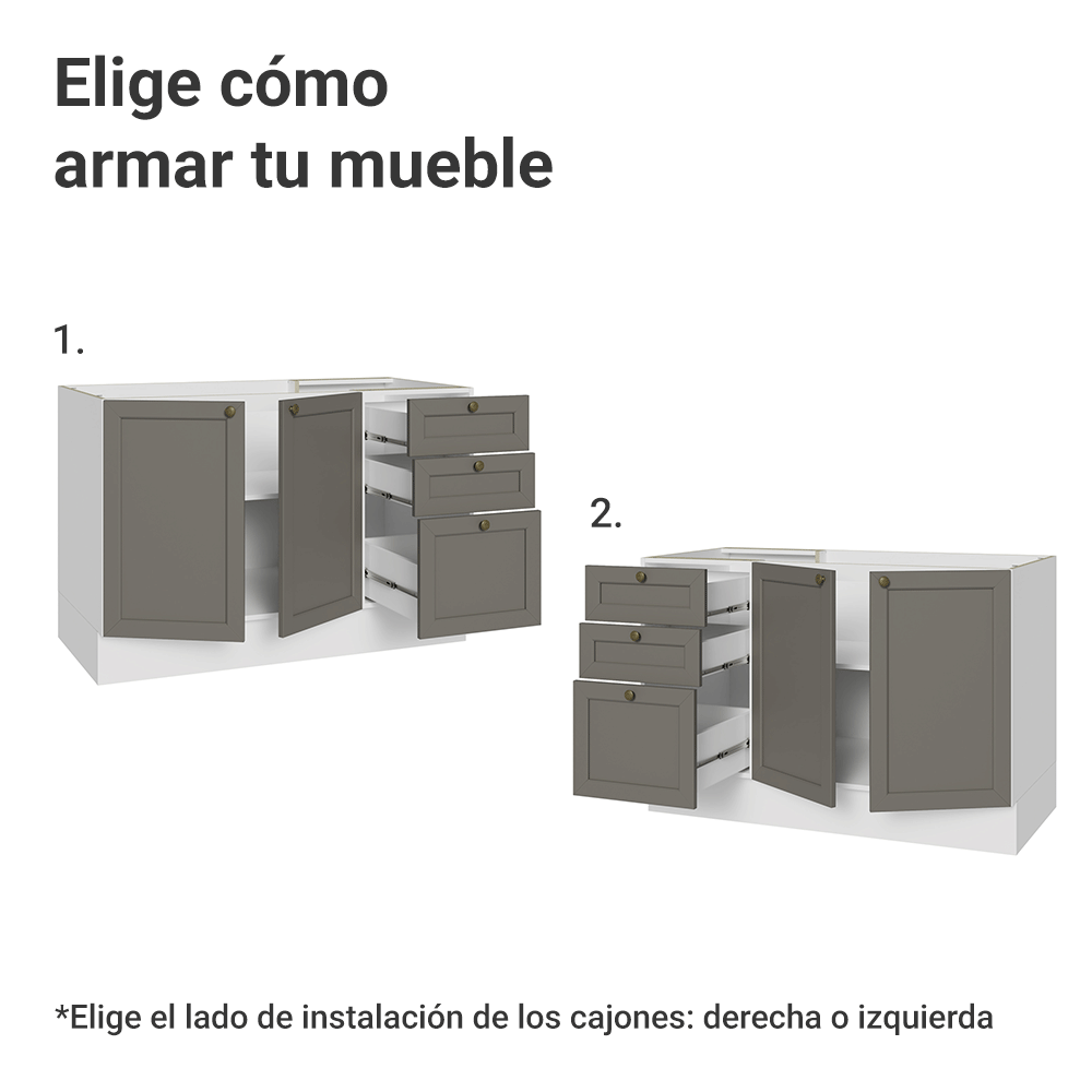 Mueble de Cocina Bajo Vik 1.20 m 2 Puertas 3 Cajones Blanco/Gris