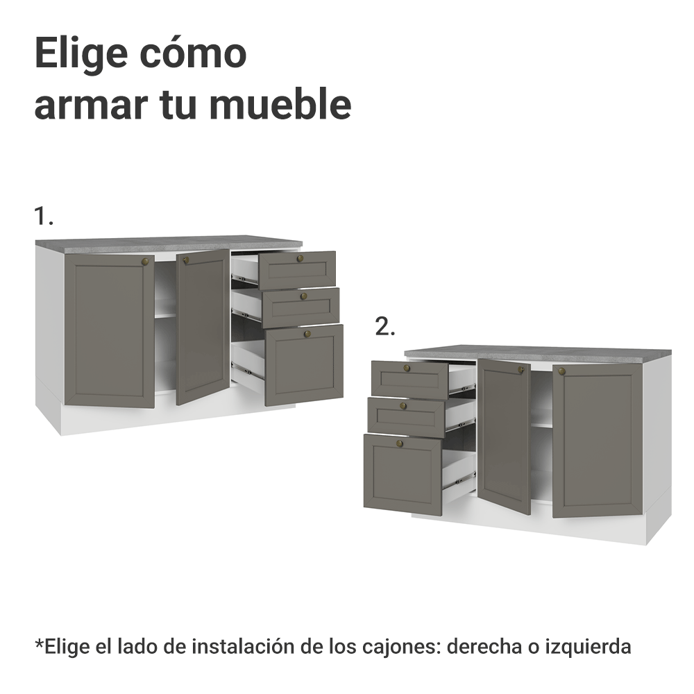 Mueble de Cocina Bajo Vik 1.20 m 2 Puertas 3 Cajones con Encimera Blanco/Gris