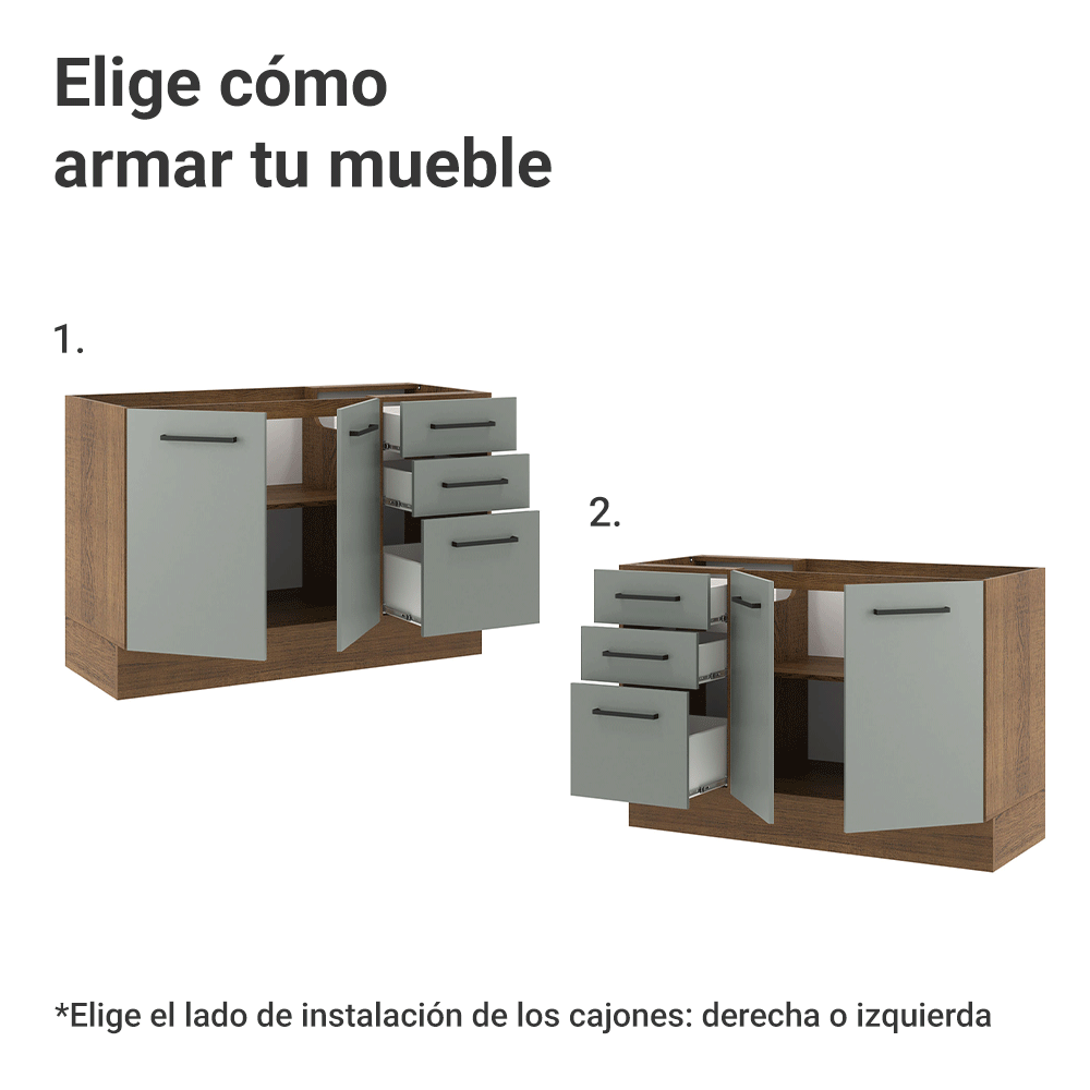 Mueble de Cocina Bajo Agata 1.20 m 2 Puertas 3 Cajones Marrón/Gris
