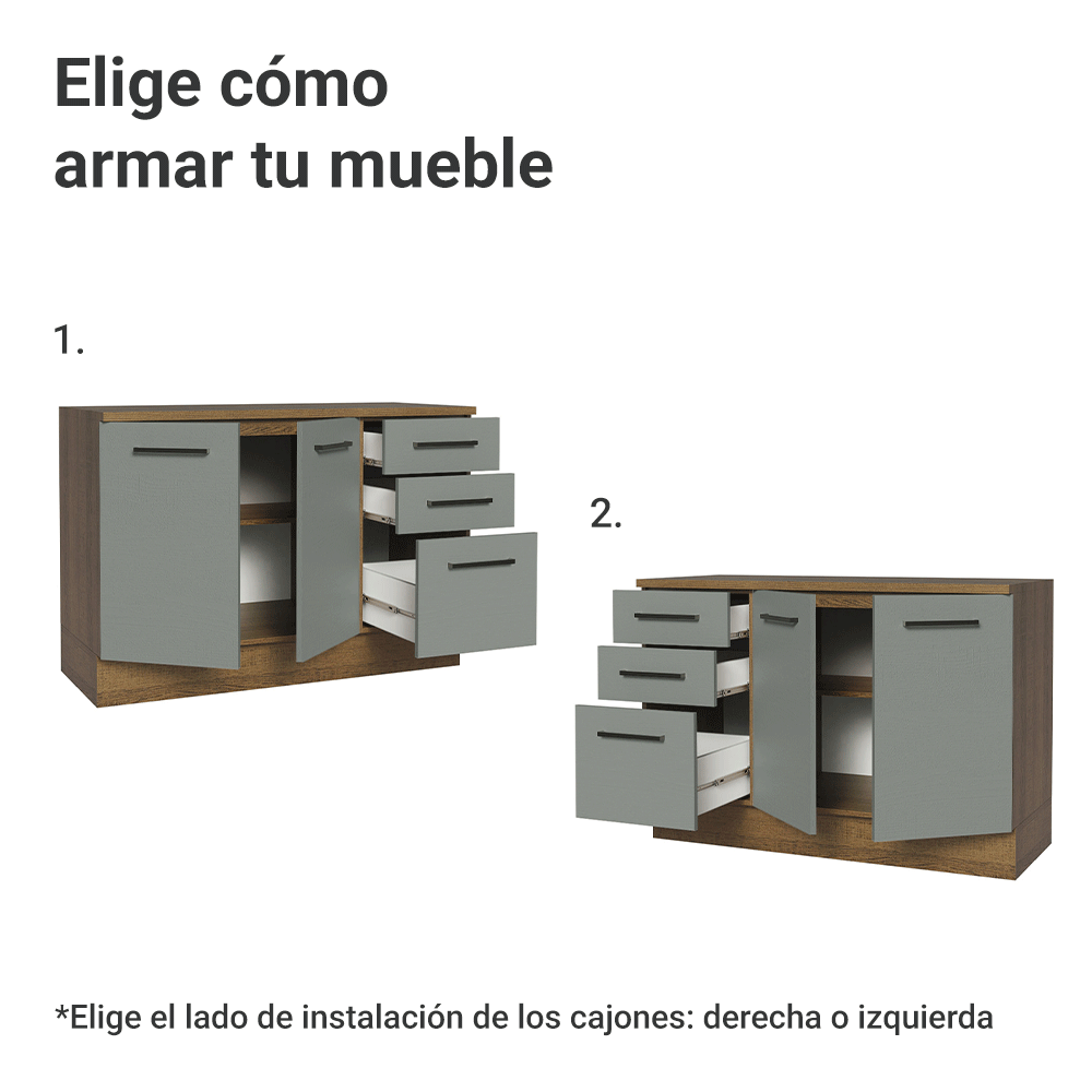 Mueble de Cocina Bajo Agata 1.20 m 2 Puertas 3 Cajones con Encimera Marrón/Gris