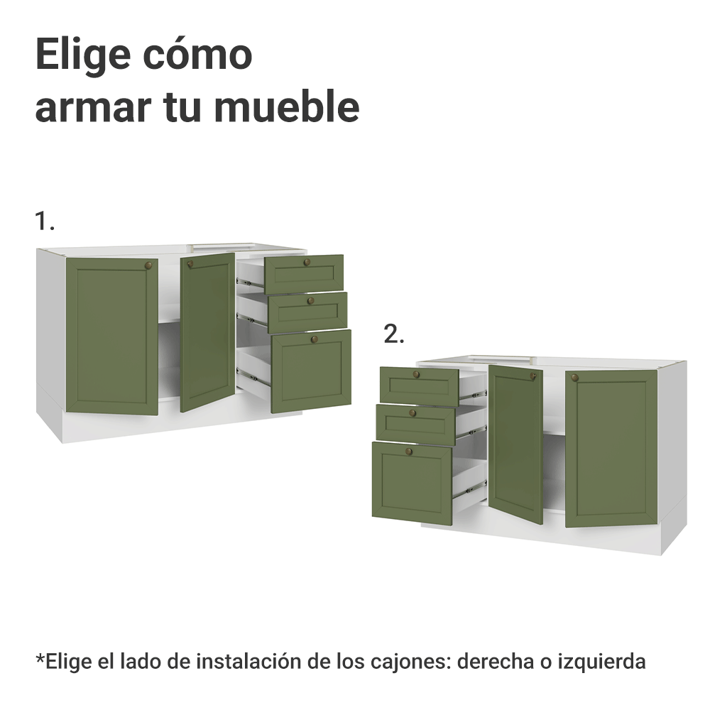 Mueble de Cocina Bajo Vik 1.20 m 2 Puertas 3 Cajones Blanco/Verde