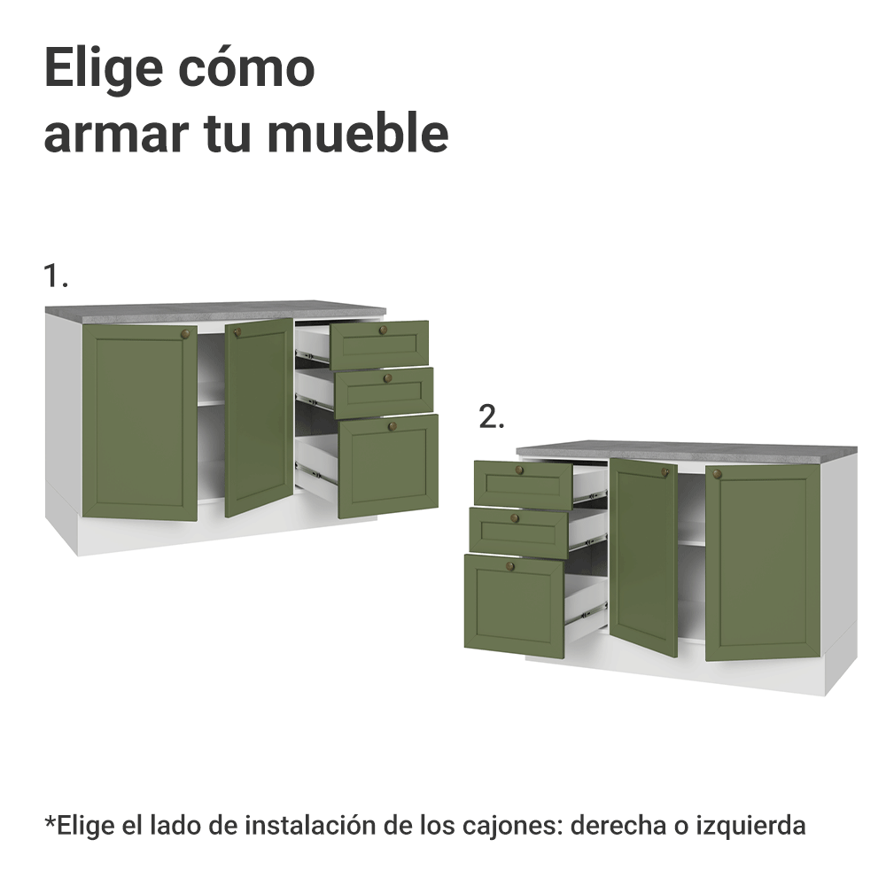Mueble de Cocina Bajo Vik 1.20 m 2 Puertas 3 Cajones con Encimera Blanco/Verde