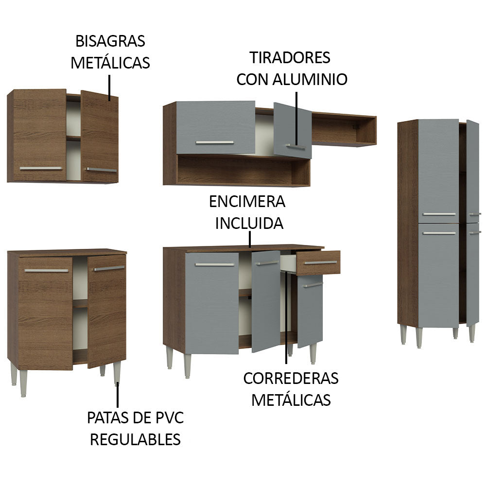 Cocina Integral Emilly 2.90 Metros Marrón/Gris 01