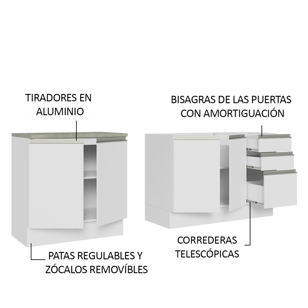 Kit 2 Muebles de Cocina Bajo Glamy 2.00 Metros Blanco