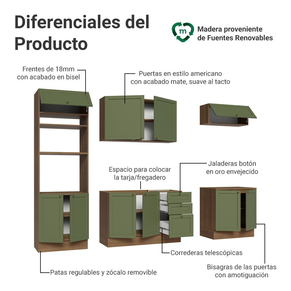 Cocina Integral Vik 2.70 Metros Marrón/Verde 01