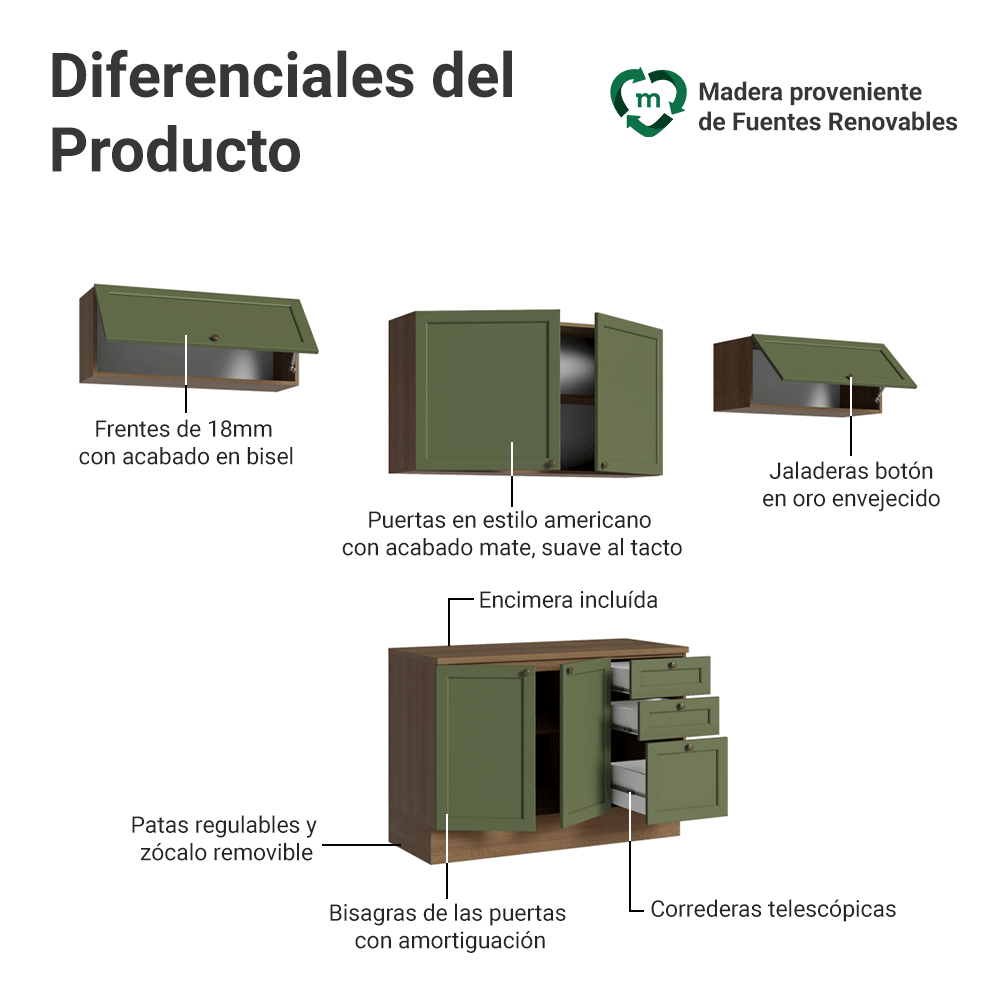 Cocina Integral Vik 2.80 m con Encimera Marrón/Verde 01