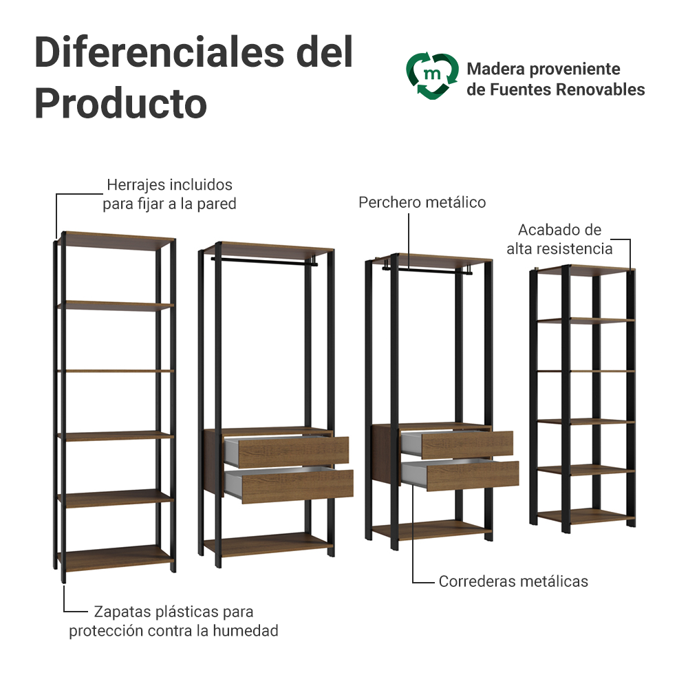 Clóset Modulado Abierto Valencia 4 Cajones 14 Niveles 180 cm x 258 cm x 45 cm Marrón/Negro 01