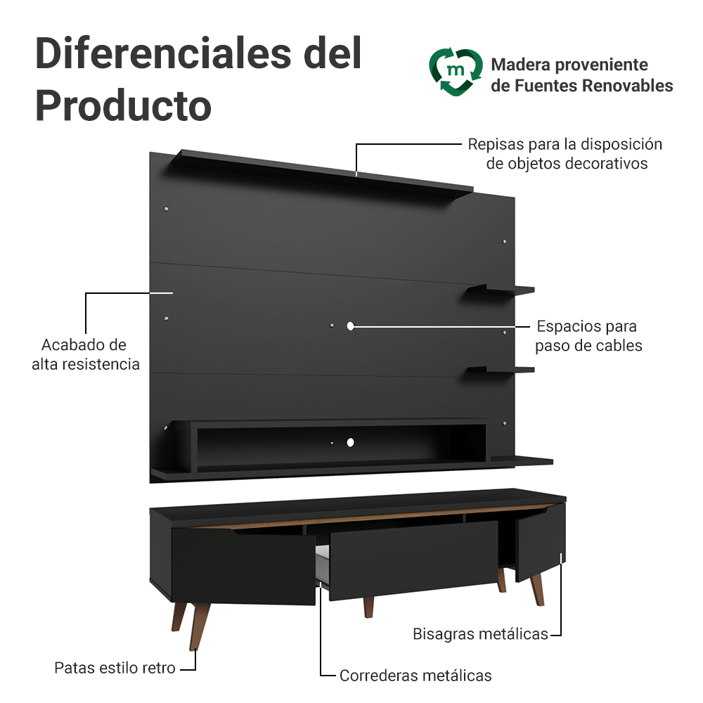 Centro de Entretenimiento para TV Reims Mesa y Panel Hasta 60 Pulgadas Negro