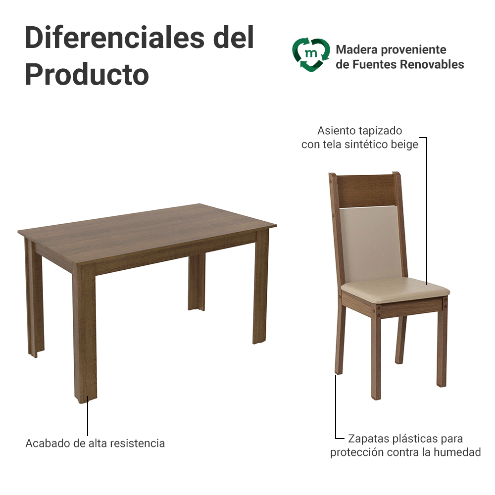 Juego de Comedor Cali con 4 Sillas Marrón/Crema