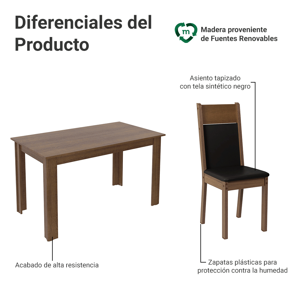 Juego de Comedor Cali con 4 Sillas Marrón/Negro